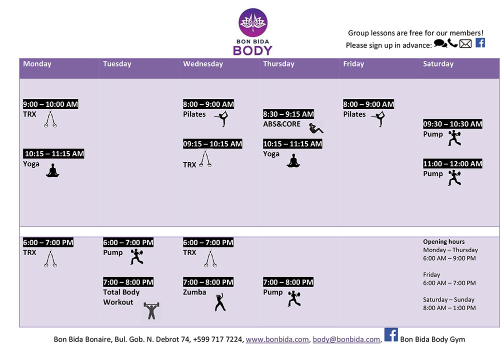 Class Schedule at Bon Bida gym effective October 18, 2022.