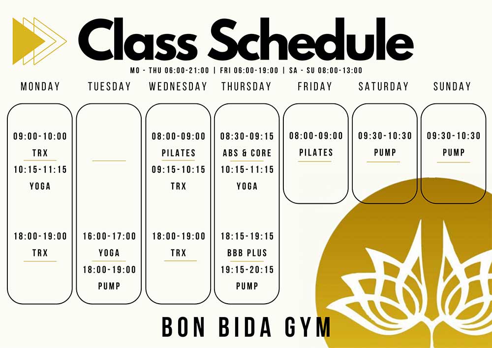 The class schedule at Bon Bida Gym,